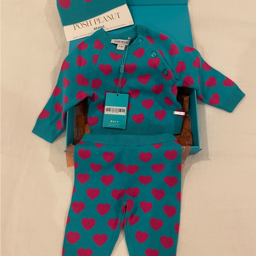 NWT In Box - Posh Peanut Teal and Pink Heart 3-piece Set
